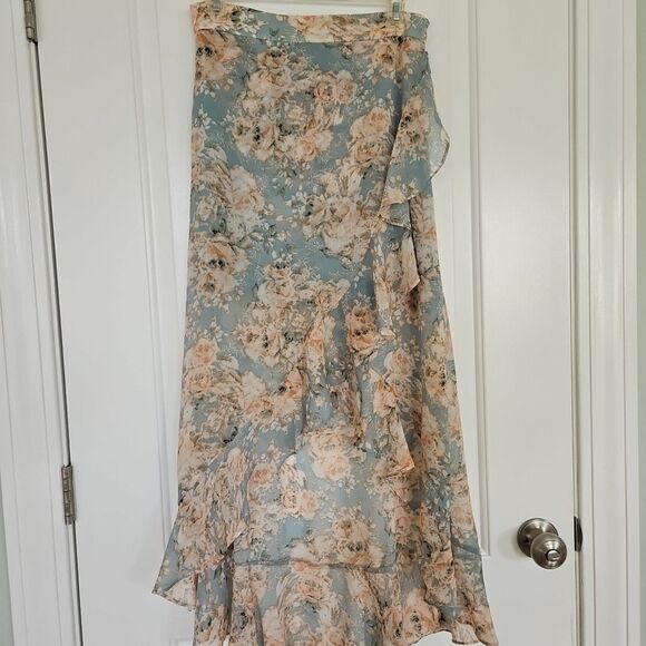 Mi Ami Skirt Lt.Blue Peach Floral Ruffle Hem Feminine Long Maxi Peek A Boo Fairy - Picture 1 of 9